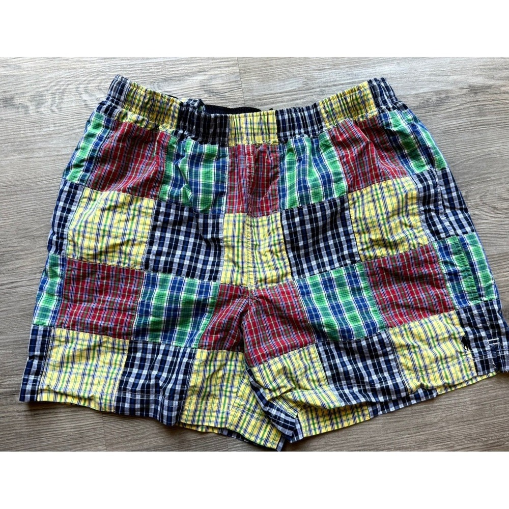 Vtg 90's Ralph Lauren Polo Sport Plaid Patch Work Madras Swim Trunks XL Pony